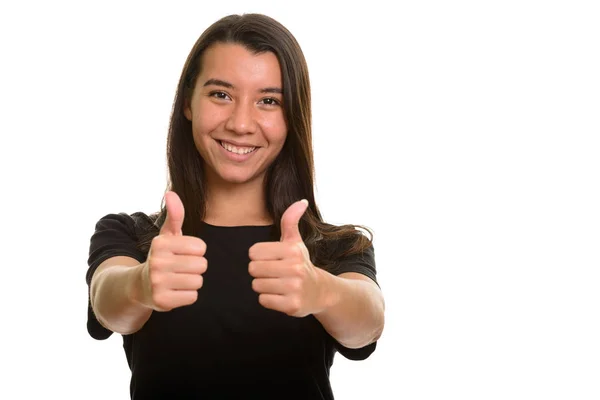 Joven mujer caucásica feliz sonriendo y dando pulgares hacia arriba —  Fotos de Stock