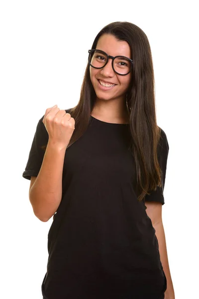 Jong gelukkig blank vrouw glimlachen en kijken gemotiveerd — Stockfoto