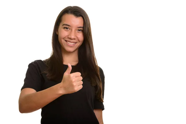 Jong gelukkig blank vrouw glimlachen en het geven duim omhoog — Stockfoto