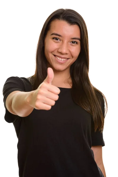 Jong gelukkig blank vrouw glimlachen en het geven duim omhoog — Stockfoto