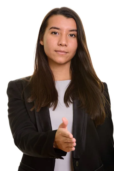 Mladá podnikatelka kavkazských dávat handshake — Stock fotografie