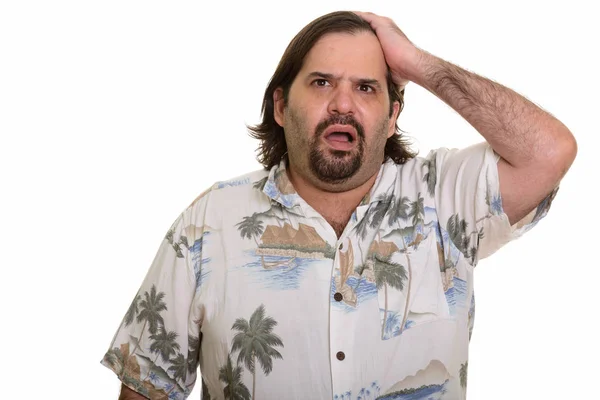 Fat Caucasian man looking stressed ready for vacation — Stock Photo, Image