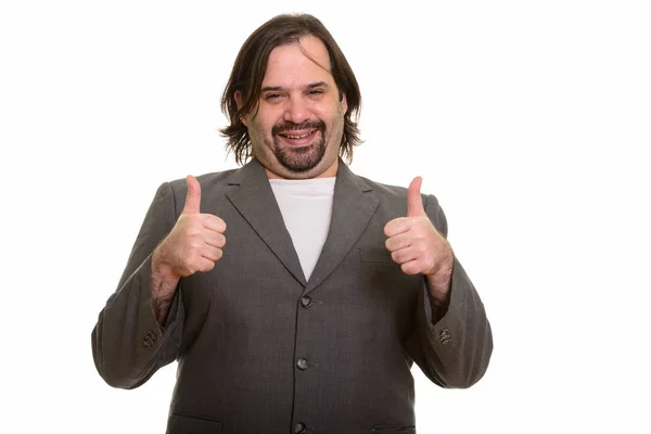 Feliz gordo caucásico hombre de negocios sonriendo y dando pulgares hacia arriba — Foto de Stock