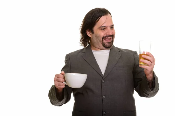 Feliz gordo caucásico hombre de negocios sonriendo y la elección de la cerveza sobre c —  Fotos de Stock