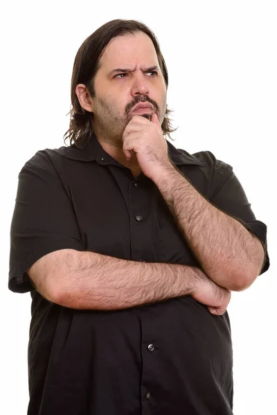 Gordo caucásico hombre pensando con la mano en la barbilla — Foto de Stock