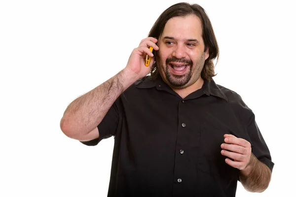 Feliz gordura caucasiano homem sorrindo e falando no celular — Fotografia de Stock