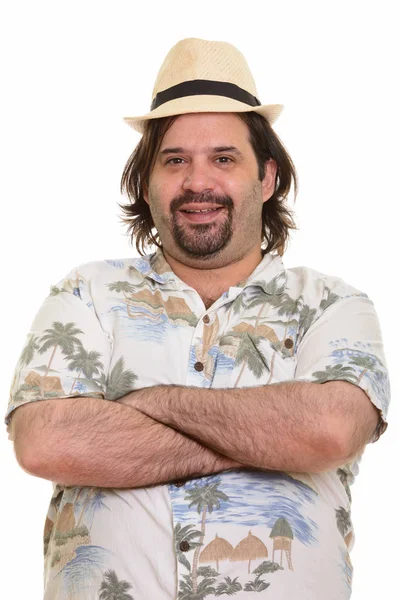 Feliz gordo barbudo caucásico hombre sonriendo con los brazos cruzados listo —  Fotos de Stock