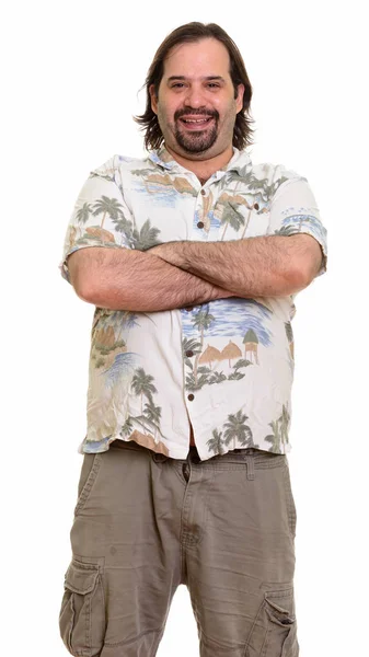 Happy fat Caucasian man smiling with arms crossed ready for vaca — Stock Photo, Image