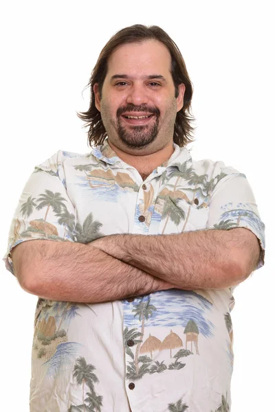 Happy fat Caucasian man smiling with arms crossed ready for vaca — Stock Photo, Image