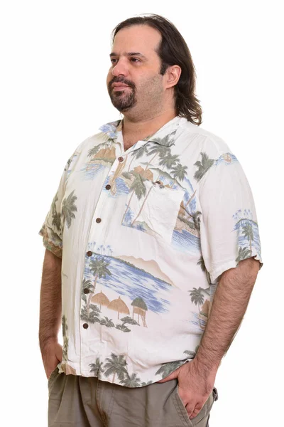 Gordo homem caucasiano olhando para o lado pronto para férias — Fotografia de Stock