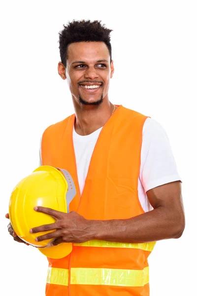 Pracownik budowlany zadumany Afryki człowiek szczęśliwy, uśmiechnięty h — Zdjęcie stockowe