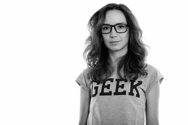 Studio záběr geek dívka, která nosí brýle — Stock fotografie