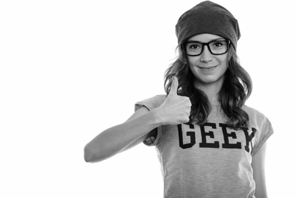 Studio schoot van geek meisje geven duim omhoog — Stockfoto