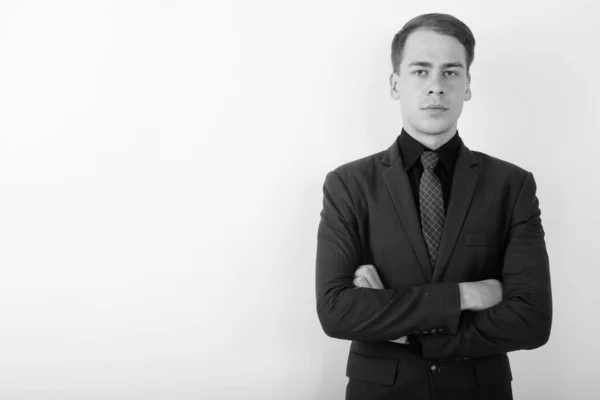 Studioaufnahme Eines Jungen Gut Aussehenden Geschäftsmannes Anzug Vor Weißem Hintergrund — Stockfoto