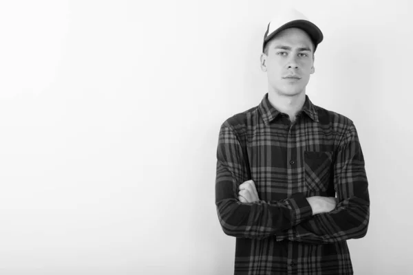 Studio Skott Ung Stilig Hipster Man Bär Hatt Mot Vit — Stockfoto