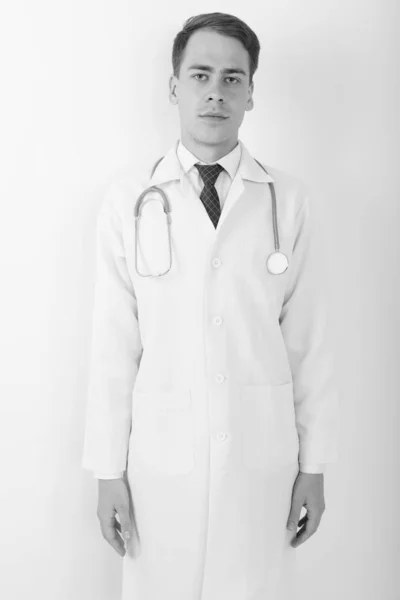 Studio Shot Young Handsome Man Doctor White Background Black White — Stock Photo, Image