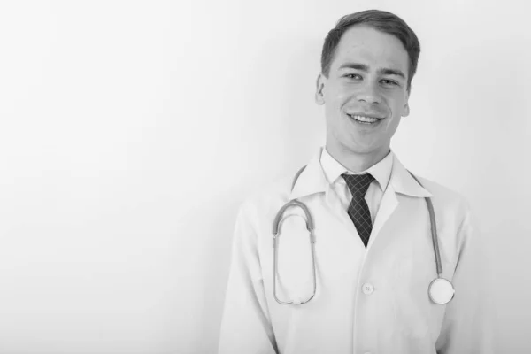 Estudio Joven Hombre Guapo Médico Sobre Fondo Blanco Blanco Negro — Foto de Stock