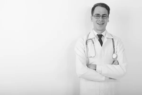 Estudio Joven Guapo Doctor Con Anteojos Sobre Fondo Blanco Blanco — Foto de Stock