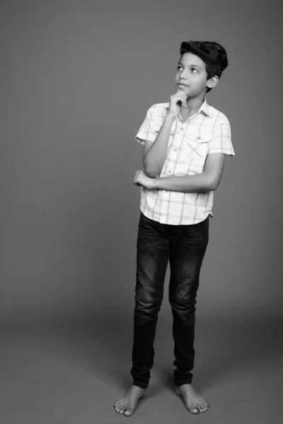 Studio Shot Young Indian Boy Wearing Checkered Shirt Gray Background — Stock Photo, Image