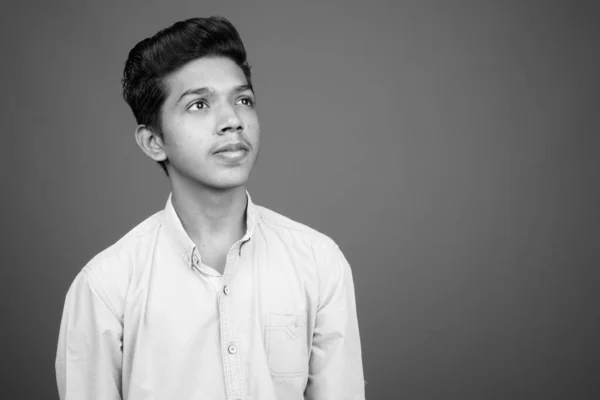 Studio Shot Young Indian Boy Looking Smart Gray Background Black — 图库照片