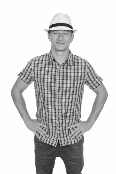 Studio shot of young happy Caucasian man isolated against white background — Stock Photo, Image