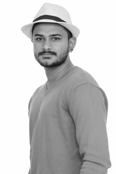 Studio Shot Jeune Touriste Indien Barbu Beau Sur Fond Blanc — Photo