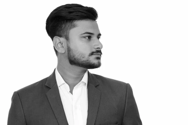 Studioaufnahme Eines Jungen Gutaussehenden Bärtigen Indischen Geschäftsmannes Anzug Vor Weißem — Stockfoto