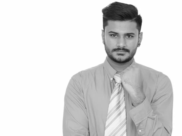 Зйомки Молодого Вродливого Бородатого Індійського Бізнесмена Білому Тлі Чорно Білому — стокове фото