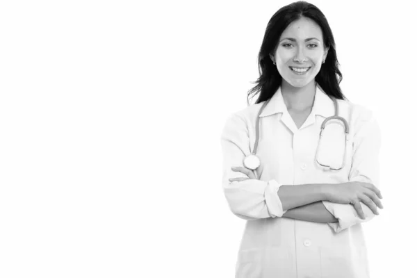 Estúdio Tiro Jovem Mulher Bonita Médico Isolado Contra Fundo Branco — Fotografia de Stock