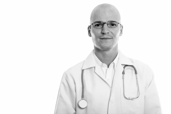 Mladý pohledný plešatý muž Doktor nosí brýle — Stock fotografie