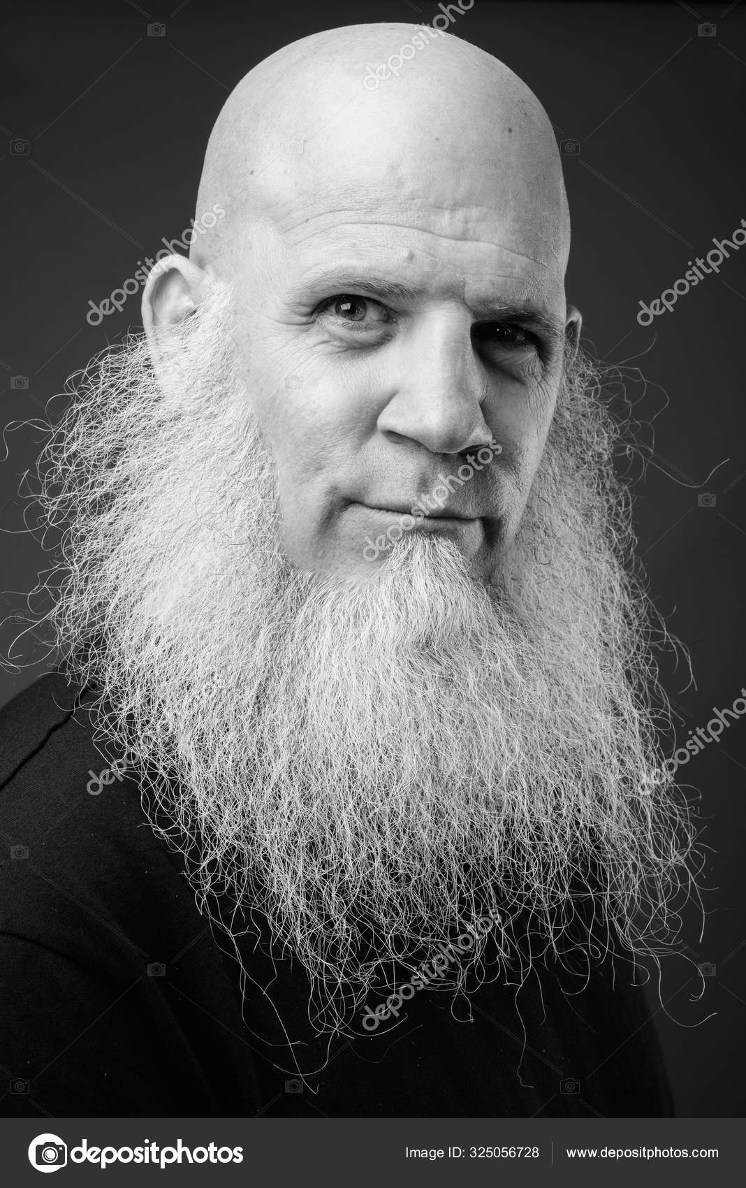 Homme chauve mature avec longue barbe blanche en noir et blanc image libre de droit par
