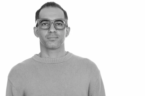 Mature handsome Persian man with eyeglasses in black and white — Stock Photo, Image