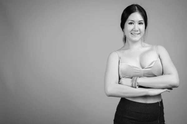 Studio Shot Young Beautiful Asian Woman Gray Background Black White — Stock Photo, Image