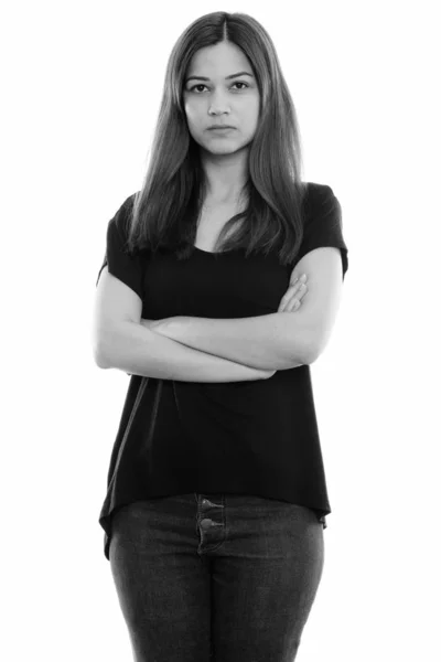 Estúdio Tiro Jovem Bela Mulher Isolada Contra Fundo Branco Preto — Fotografia de Stock