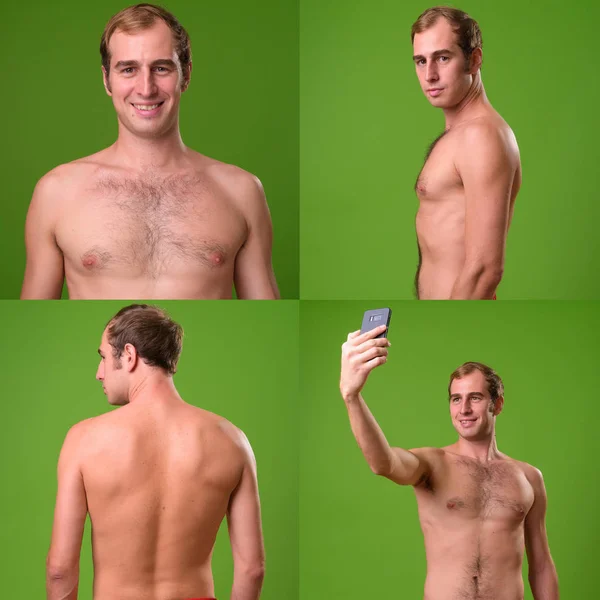 Collage Estudio Tiro Hombre Joven Con Pelo Rubio Sin Camisa — Foto de Stock