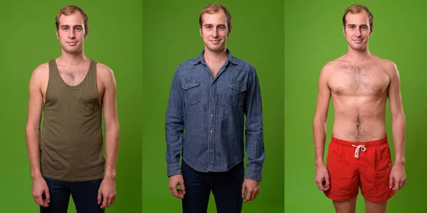 Colagem Jovem Com Roupas Diferentes Contra Fundo Verde — Fotografia de Stock