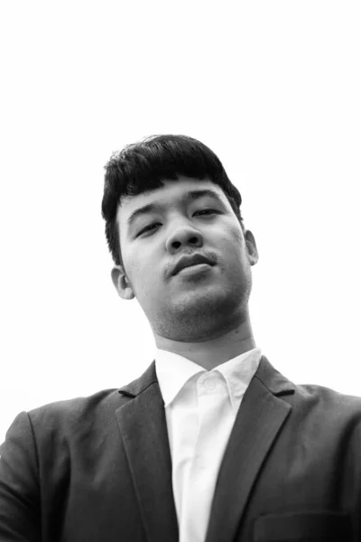 Portrait Young Asian Businessman View City Black White — Stock Photo, Image