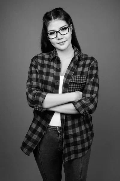 Studio Shot Young Beautiful Asian Hipster Woman Gray Background Black — Fotografia de Stock
