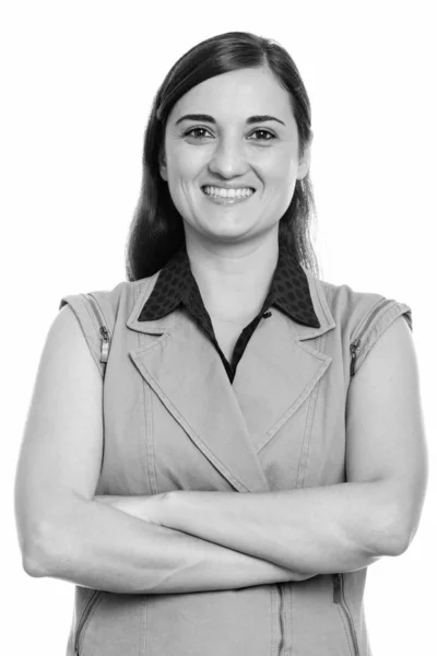 Close up of happy beautiful businesswoman smiling with arms crossed — ストック写真