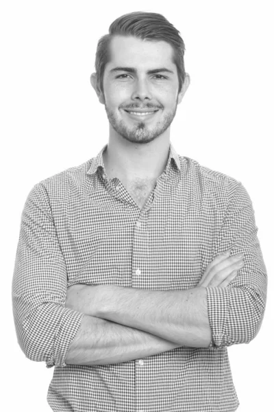 Portrait of young handsome bearded man in black and white — Stock Photo, Image