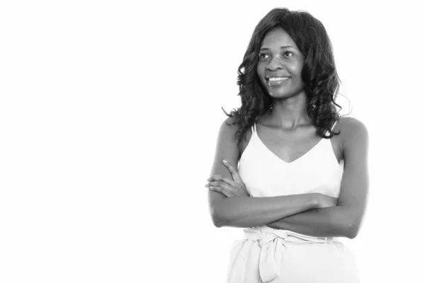 Studio Shot Young African Woman Wearing Wig Isolated White Background — Stock Photo, Image