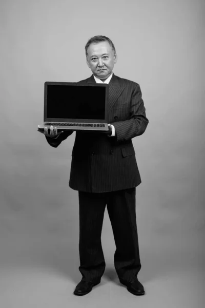 Studio Shot Mature Asian Businessman Laptop Gray Background Black White — Fotografia de Stock