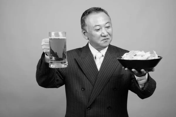 Studio Shot Mature Asian Businessman Suit Gray Background Black White — Stockfoto