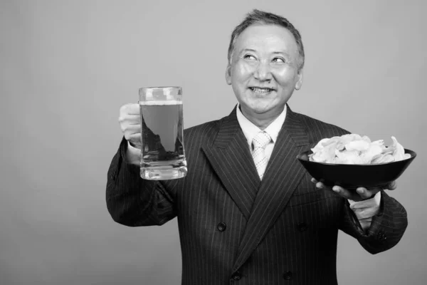 Studio Shot Mature Asian Businessman Suit Gray Background Black White — Stockfoto