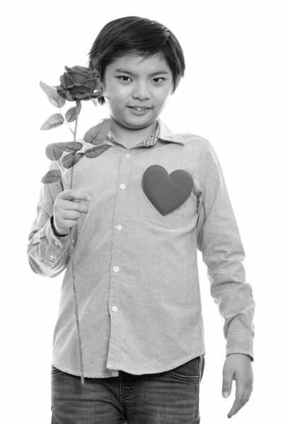 Studio shot of cute Japanese boy holding red rose with red heart on chest — Stock Photo, Image