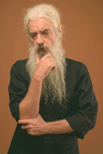 Ritratto di uomo anziano barbuto con lunghi capelli ricci e barba — Foto Stock