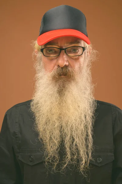 Ritratto di uomo anziano barbuto con lunghi capelli ricci e barba — Foto Stock
