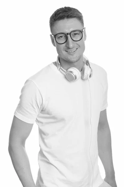 Studio Shot Young Handsome Nerd Man Eyeglasses Isolated White Background — 스톡 사진