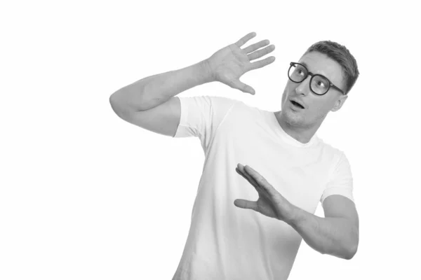 Studio Skott Ung Vacker Nörd Man Med Glasögon Isolerade Mot — Stockfoto