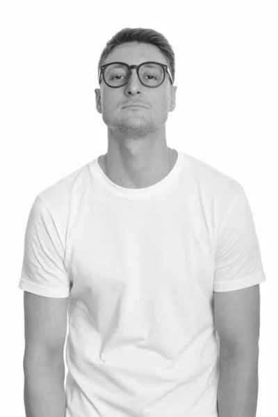 Studio Shot Young Handsome Nerd Man Eyeglasses Isolated White Background — Stock Photo, Image